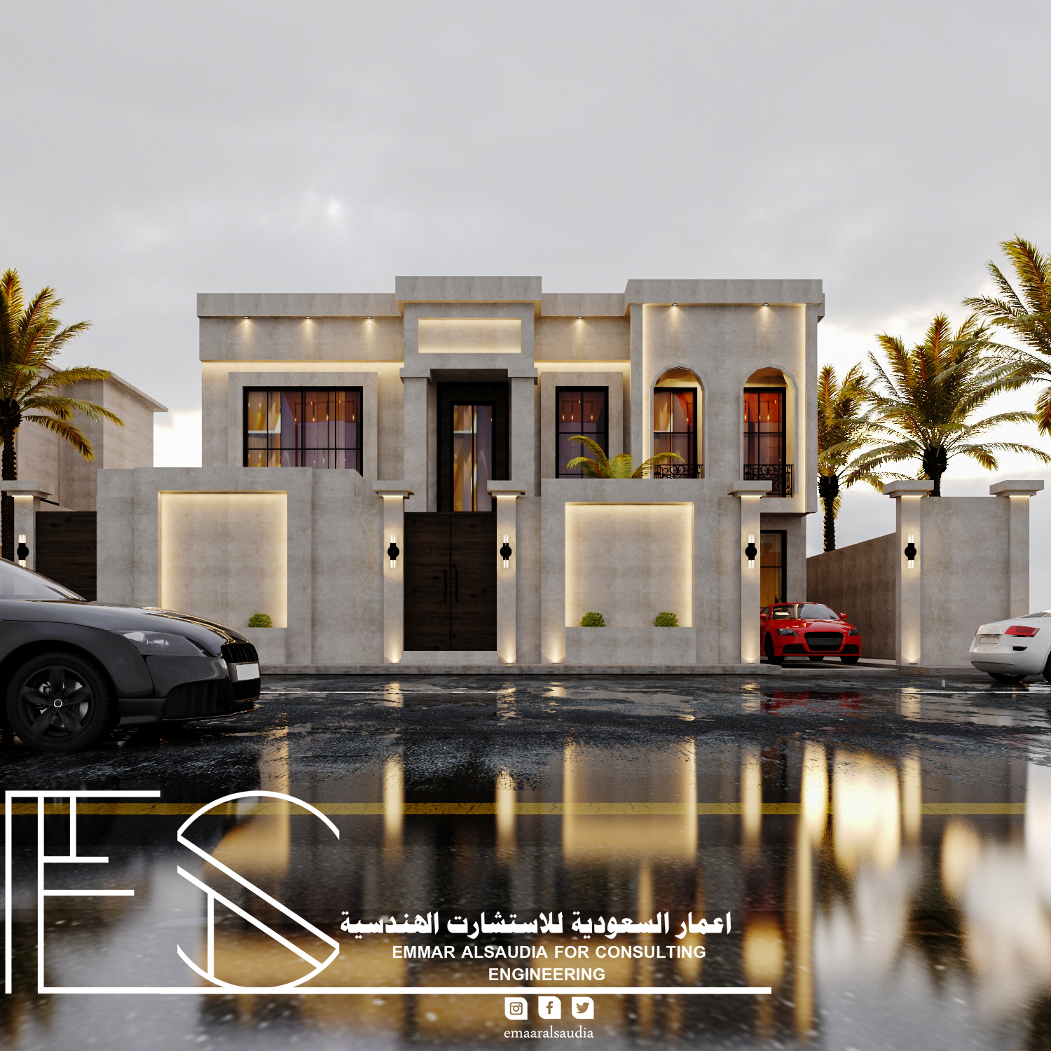 Residential Villa Area: 600 square meters Location: Saudi Arabia - Dammam - Al-Shu'la District Style: Neoclassical